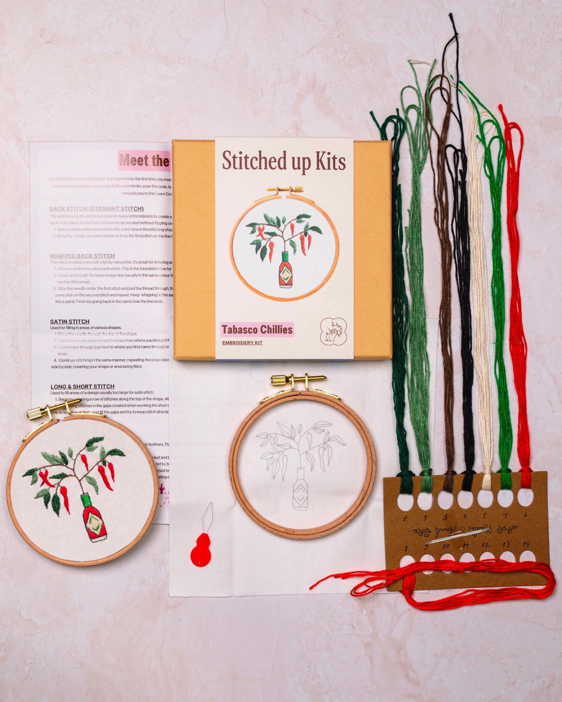 Embroidery kit layed out with embroidery threads and box