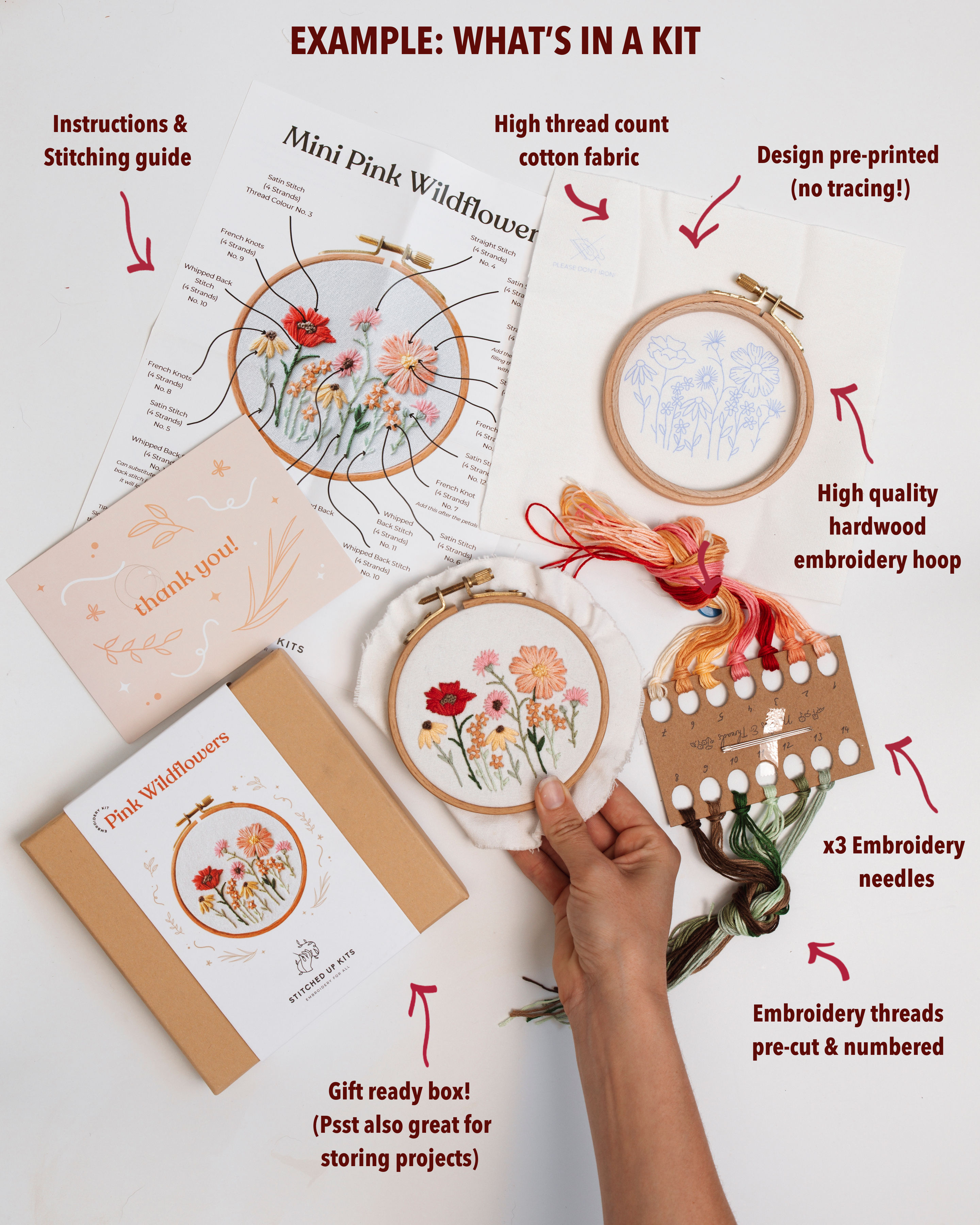 Cozy Beginner Bundle showing hand holding floral embroidery in hardwood hoop with threads, needles, guide, and gift box included