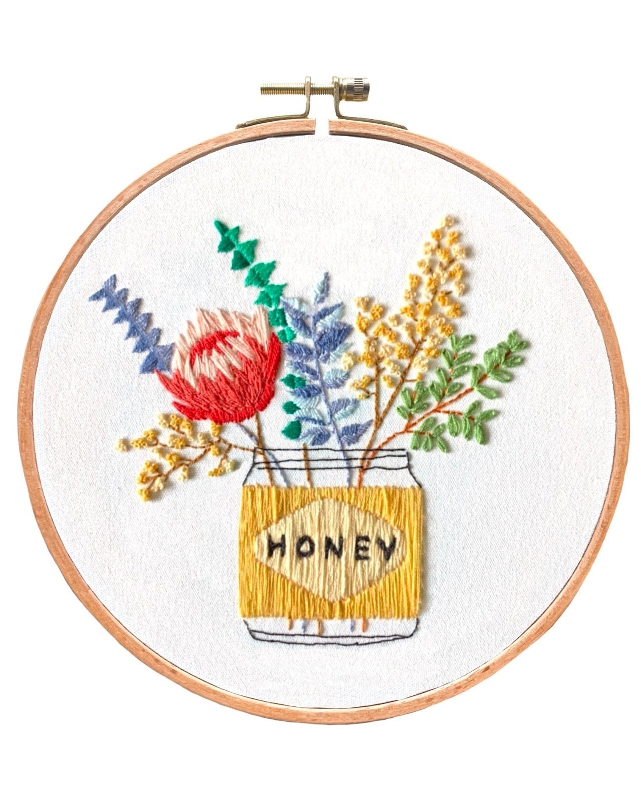 Aussie Breakfast Embroidery Kit - Stitched Up Kits. Yellow Honey Jar with Australian Natives sitting in it, all hand embroidered