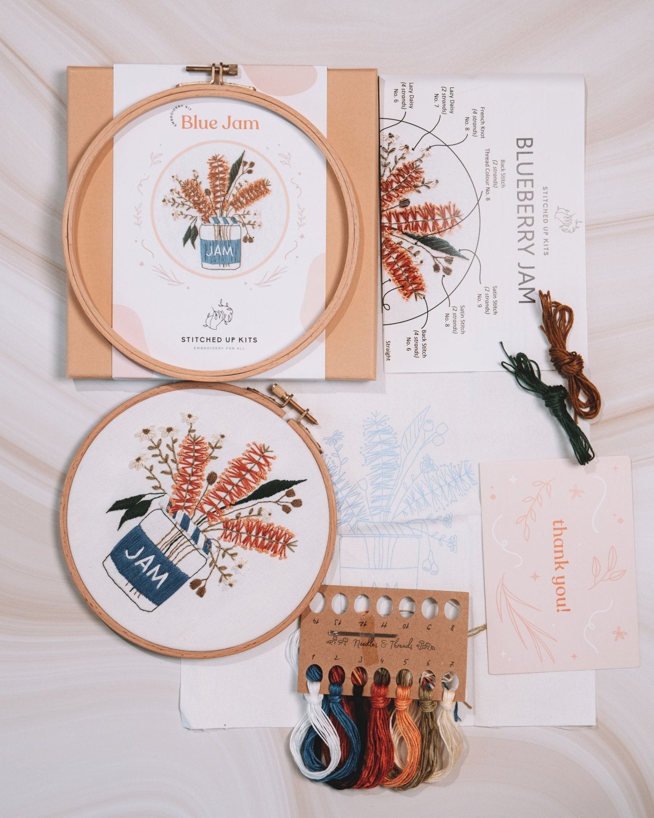 Flat-lay of everything included in the Blue Jam Kit - the gift box, white cotton fabric with cotton, threads numbered on cardboard, and a thank you card